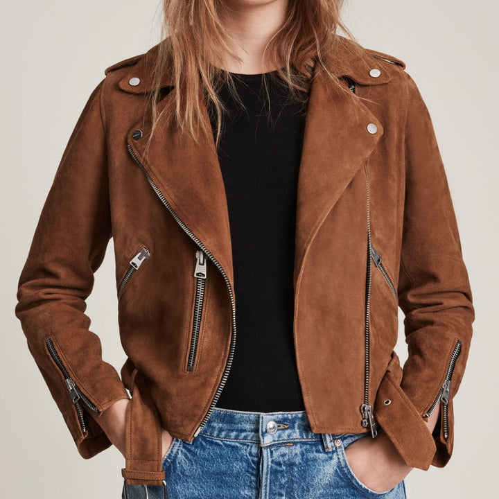 Stylish brown leather biker jacket by TJS in United state market