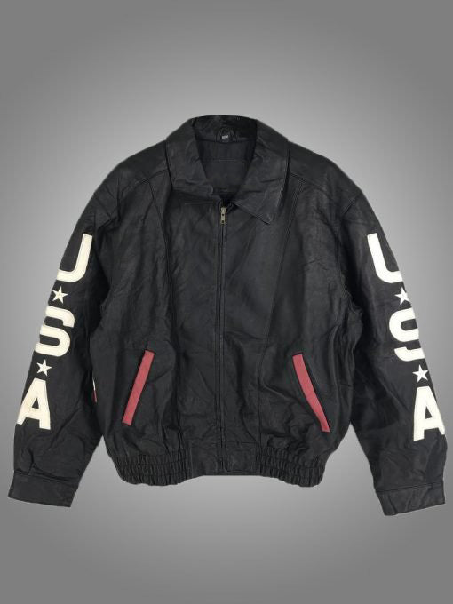 Elegant vintage black leather jacket with the American flag in USA market