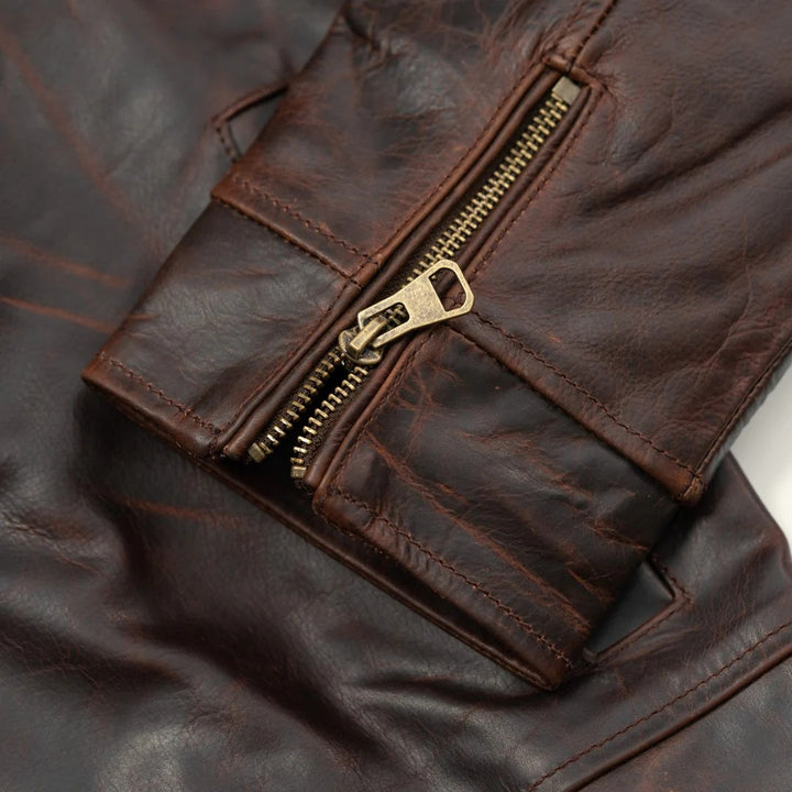 brown leather jacket with zippered sleeve cuffs