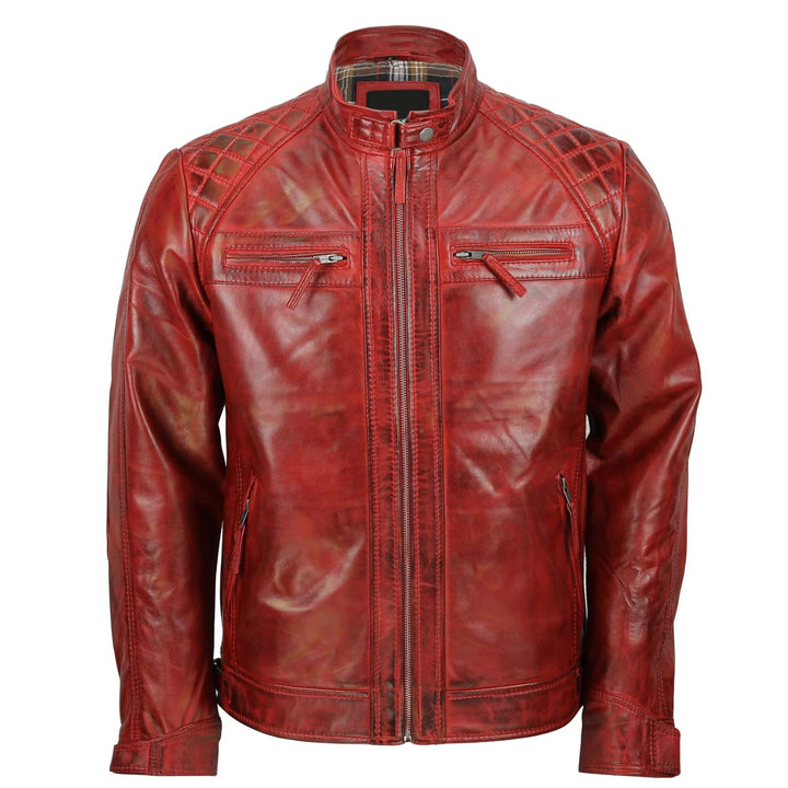 Pure leather blouson jacket featuring quilted stitching design on shoulders