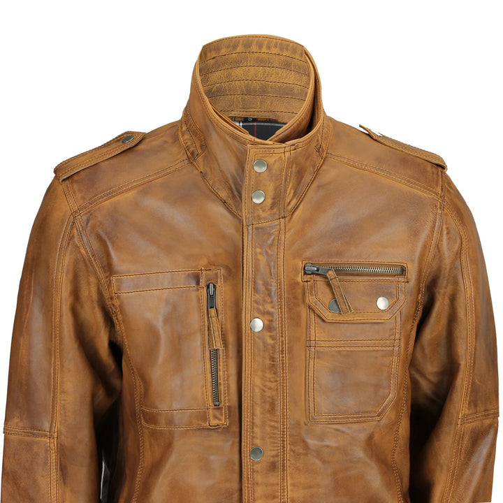 Genuine leather jacket with epaulettes and adjustable waist buckles