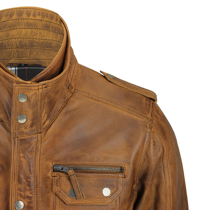 Slim-fit leather jacket with multiple front pockets and zip closure