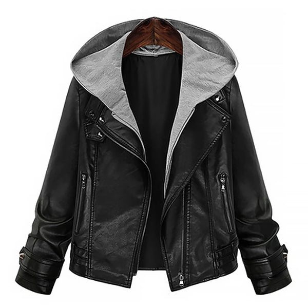 Shop Women Black Hooded Leather Jacket
