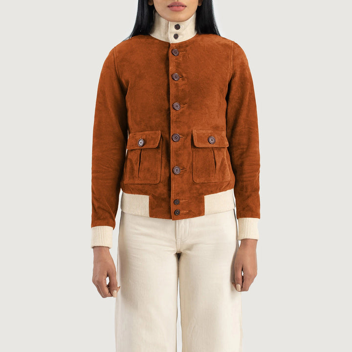Front View Sasha A1 Brown Suede Bomber Jacket