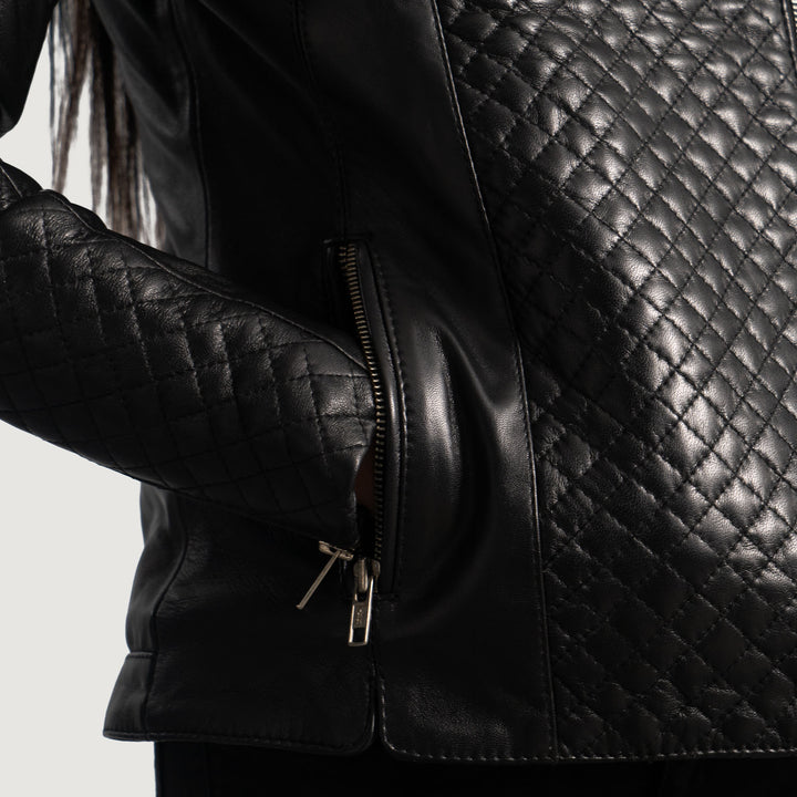 Stylish Orient Grain Quilted Black Leather Biker Jacket by TJS in France style