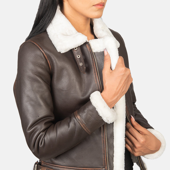 Stylish women's aviator jacket in brown leather in American style