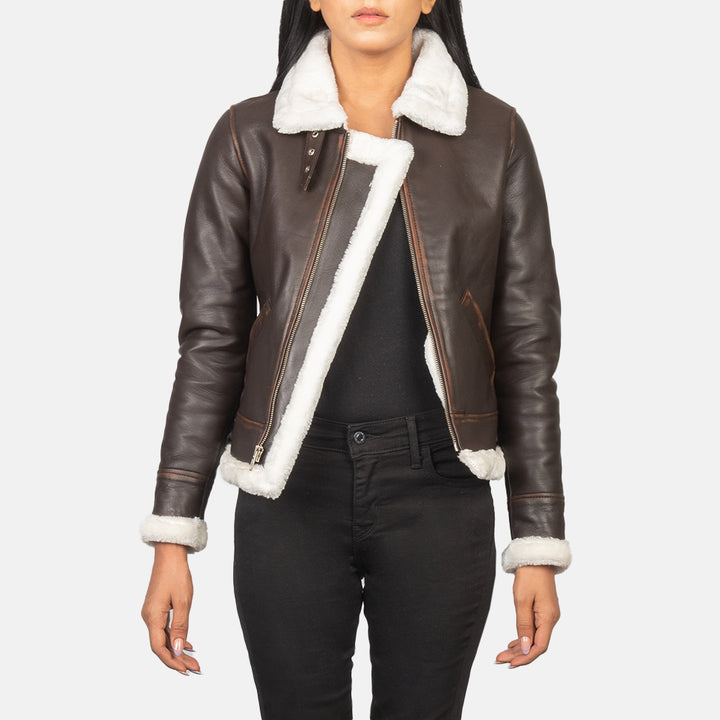 Brown leather aviator jacket for women in France style