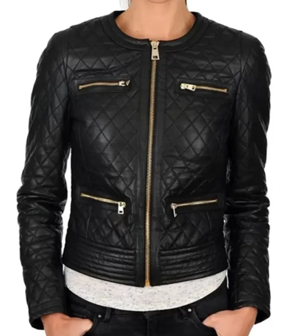 Women's Collarless Black Quilted Jacket by TJS in USA