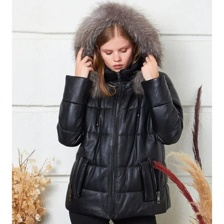 Women's black puffer jacket with faux shearling hood in USA