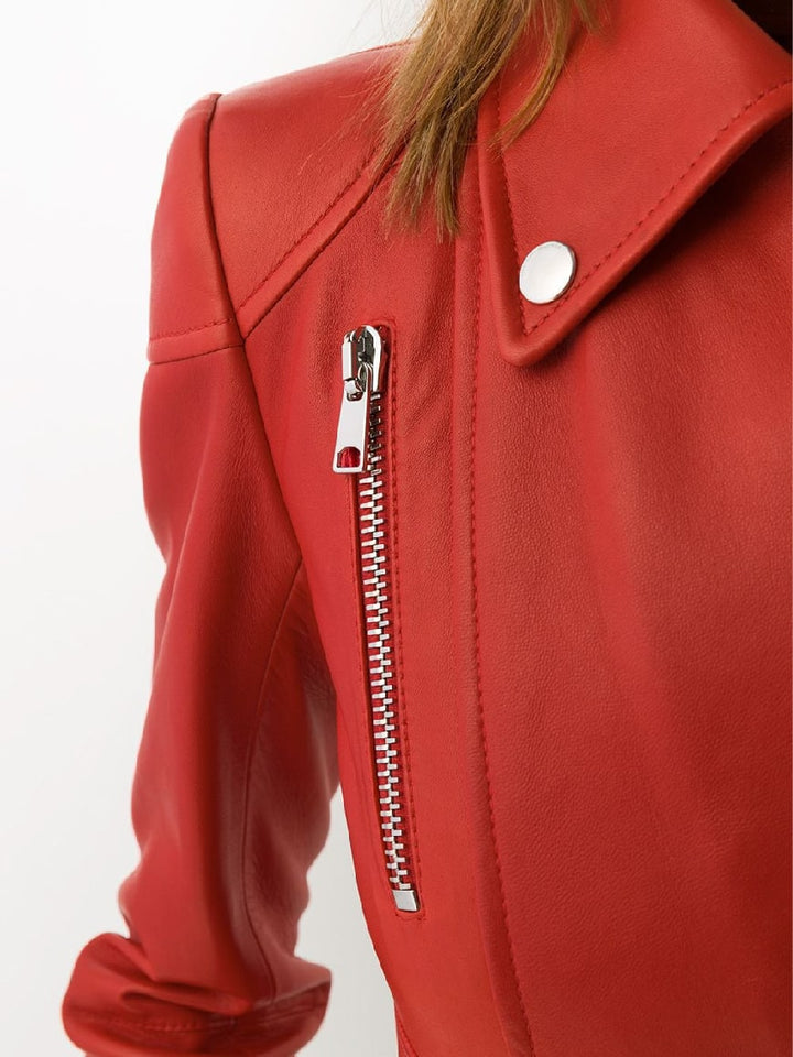 Collar View Women’s Red Flared Style Leather Fashion Jacket