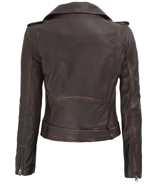 Stylish dark brown cropped leather jacket in American style