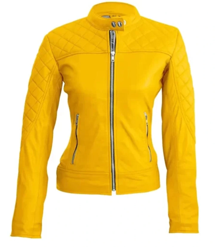 Women's Yellow Biker Quilted Leather Jacket by TJS in USA