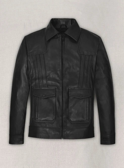 Sleek and stylish Aaron Taylor Johnson leather jacket with a slim-fit silhouette and stand-up collar