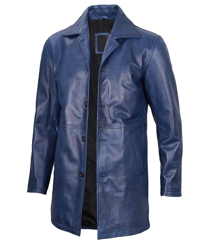 Side View of Men's Blue Leather 3/4 Car Coat in American style