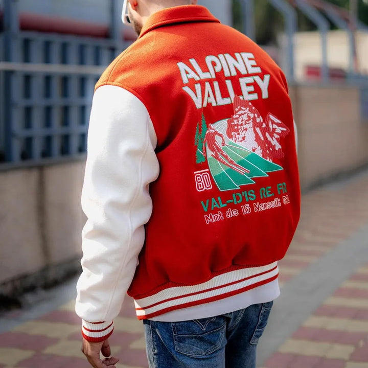 All Day Ski 80 varsity jacket on model in United state market