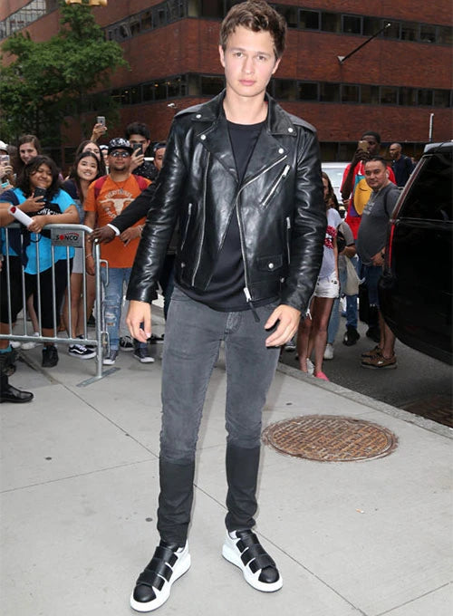 Ansel Elgort's elegant black leather jacket in USA market