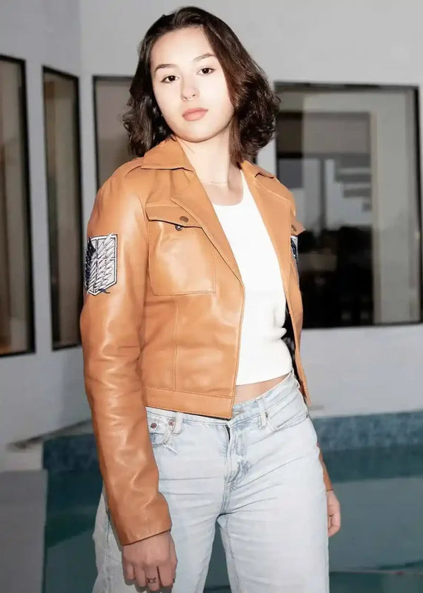 Women's brown leather jacket inspired by Attack on Titan in USA