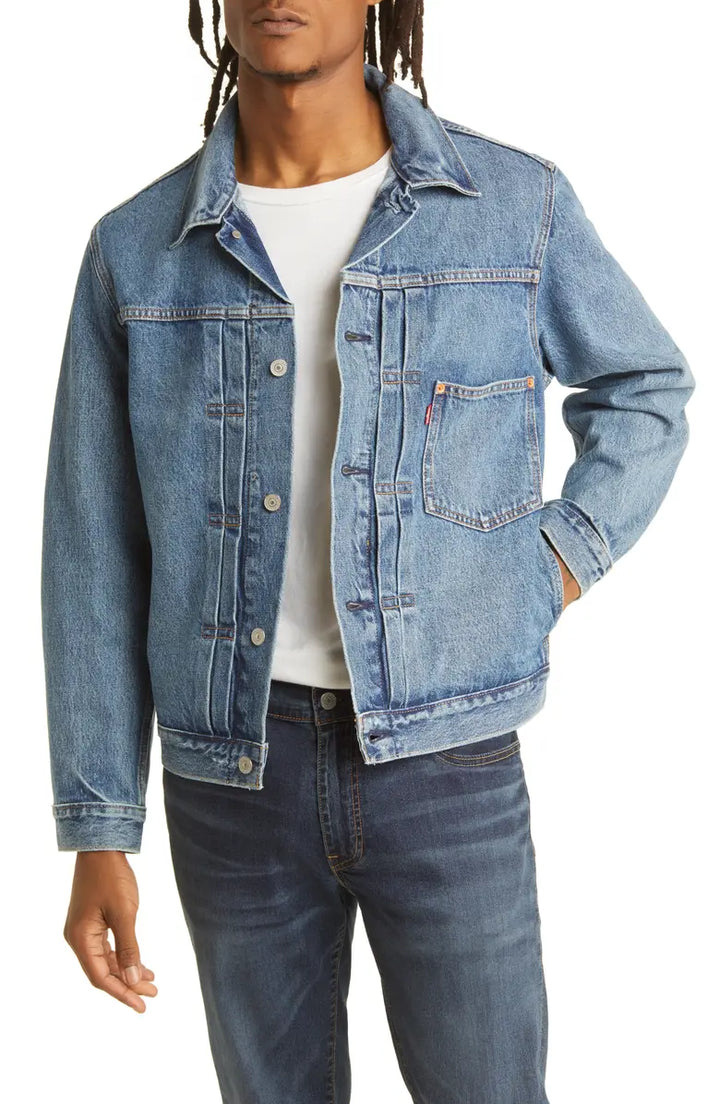 Classic Type 1 denim trucker jacket with single front pocket in USA