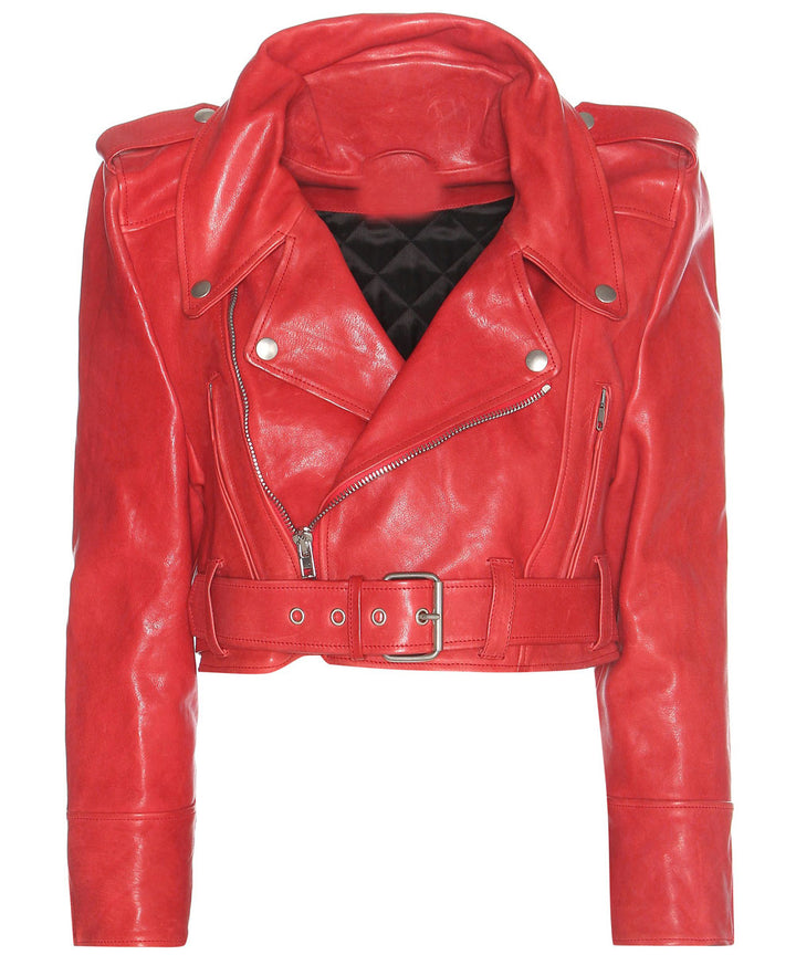 Red cropped leather jacket with zipper detail in USA