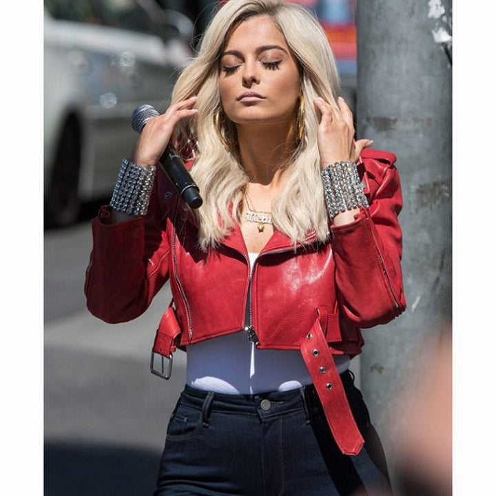 The Way I Are red leather jacket by Bebe Rexha in USA style