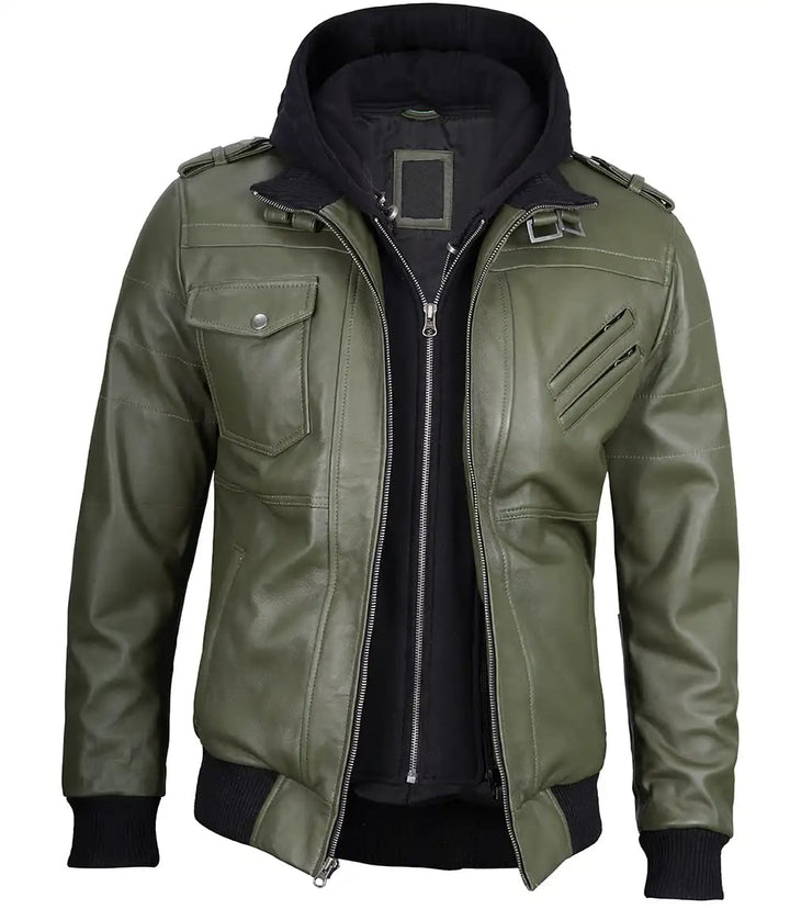 Men's Military Green Leather Jacket with Removable Hood in United state market