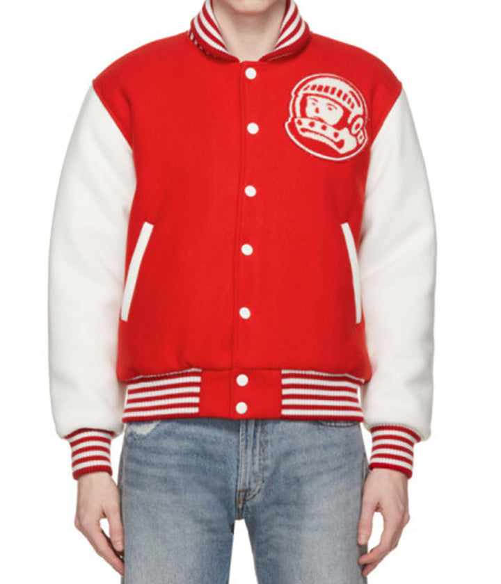 BBC varsity red and white jacket front view in USA