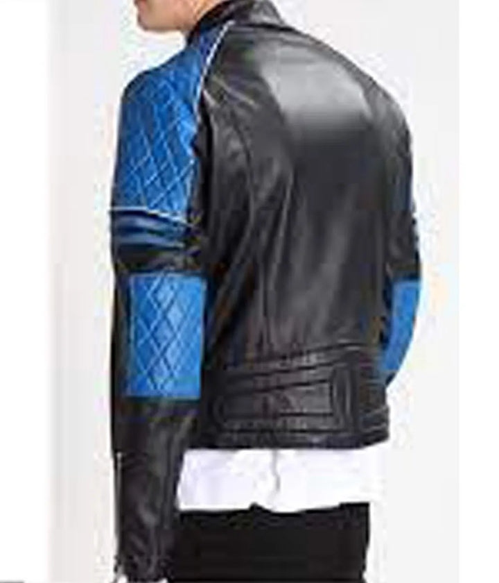 Back View Men’s Quilted Biker Stylish Black and Blue Leather Jacket