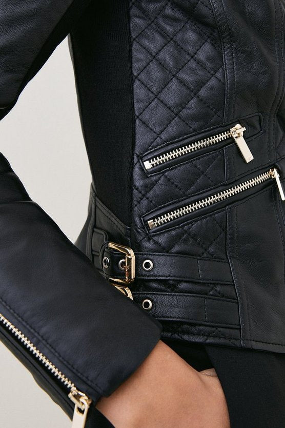 TJS Quilted Leather Motorcycle Biker Jacket in UK style