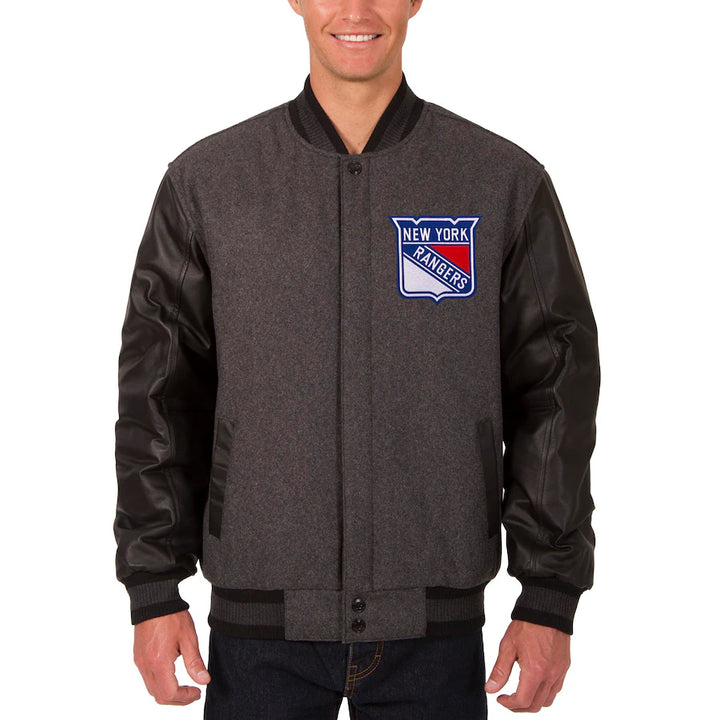 mens new york rangers two hit wool body leather sleeve jacket in USA