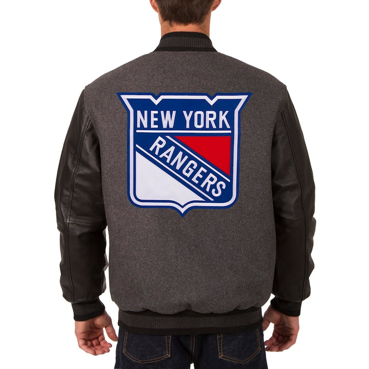 reversible rangers varsity jacket with wool torso and leather sleeves in USA