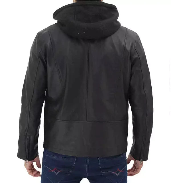 Men's leather café racer jacket with versatile hood design