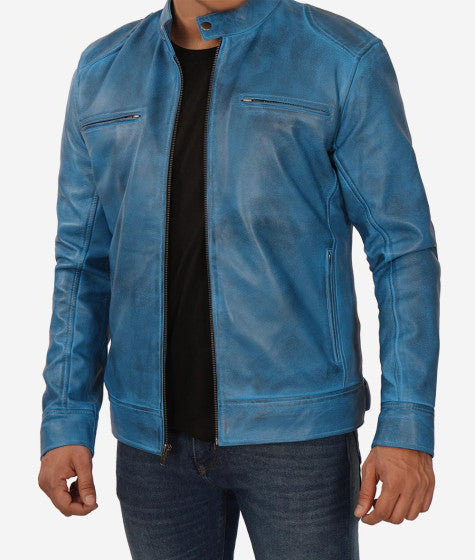 Men's blue lambskin leather cafe racer jacket in USA