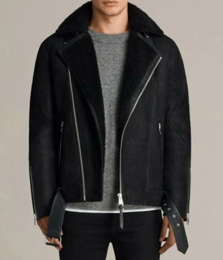 Front View Men’s Fur Collar Brooklyn Black Shearling Leather Jacket