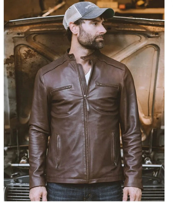 Front View Men’s Biker Thompson Brown Leather Jacket