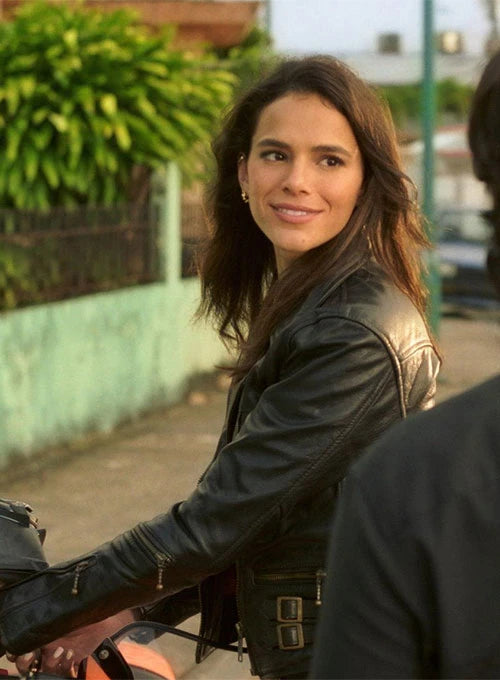 Bruna Marquezine's iconic Blue Beetle leather jacket in USA