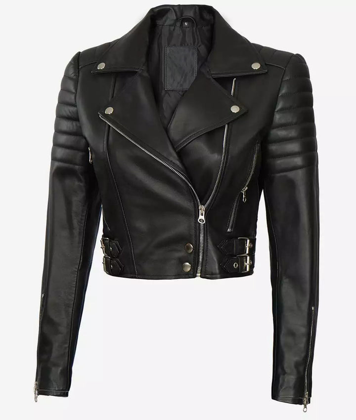 TJS Women’s Premium Black Cropped Moto Leather Jacket with Asymmetrical Design in United state market