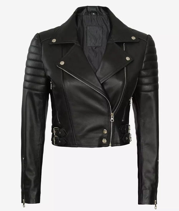 Premium Women’s Asymmetrical Black Cropped Moto Leather Jacket by TJS in USA