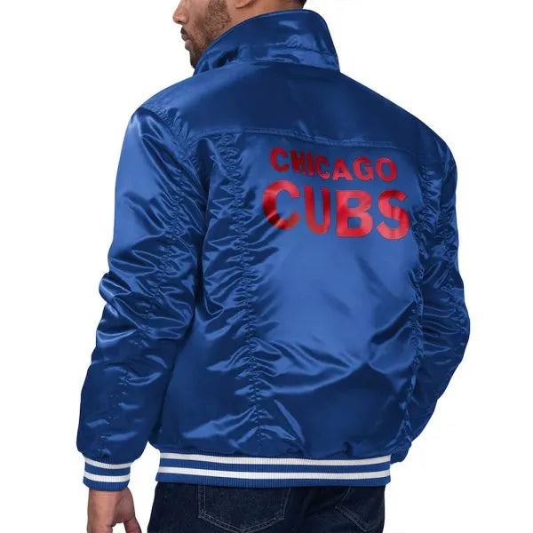 Embroidered Cubs logo on satin jacket


