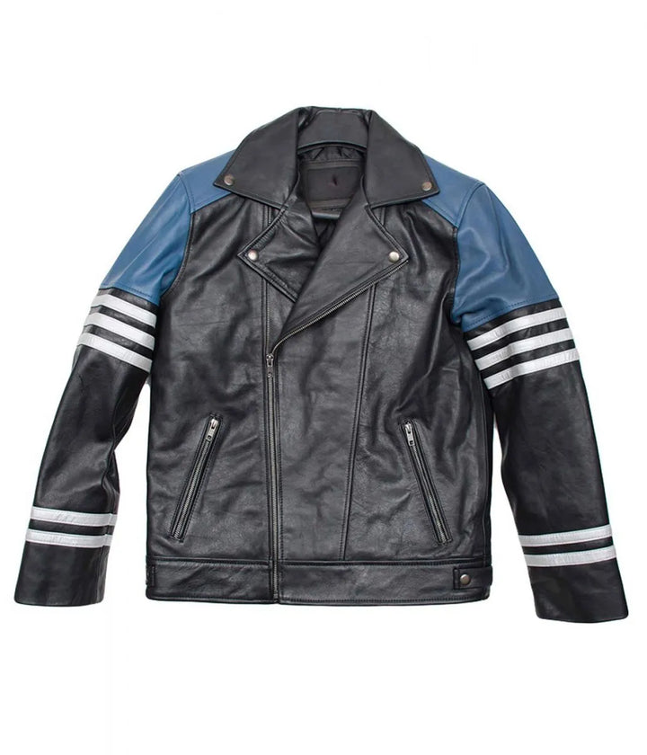 Front View Men’s Classic Black and Blue Striped Leather Biker Jacket