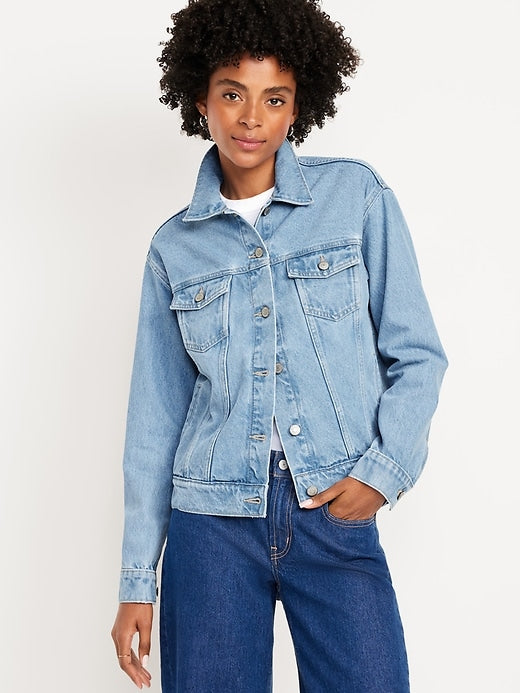 Blue classic jean jacket with front button closure in USA