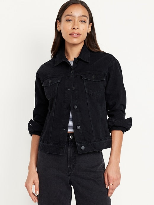 Black classic jean jacket with button-down front in USA