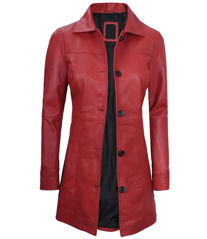 Elegant women's real leather car coat in red by Kandis in United state market