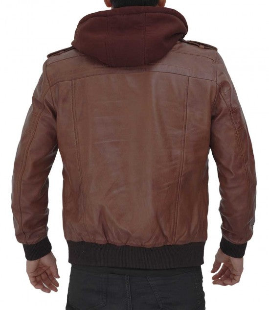 Men's hooded leather jacket in rich brown color in USA market