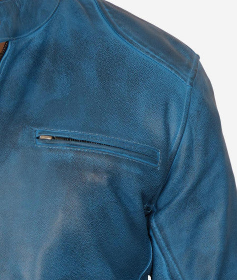 Blue lambskin leather biker jacket for men in United state market