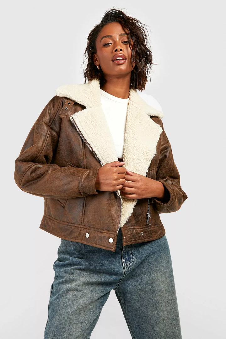 Vintage wash faux fur leather aviator jacket in USA