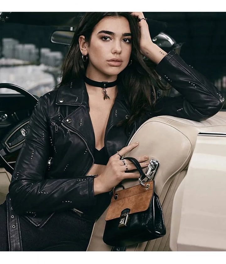 Dua Lipa black leather jacket in USA