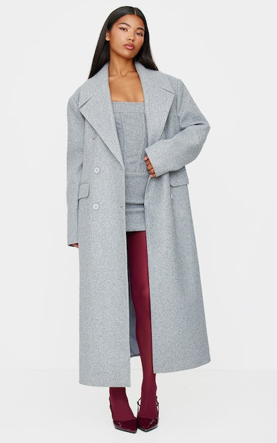 Grey wool look double breasted oversized maxi coat with wide lapels in USA
