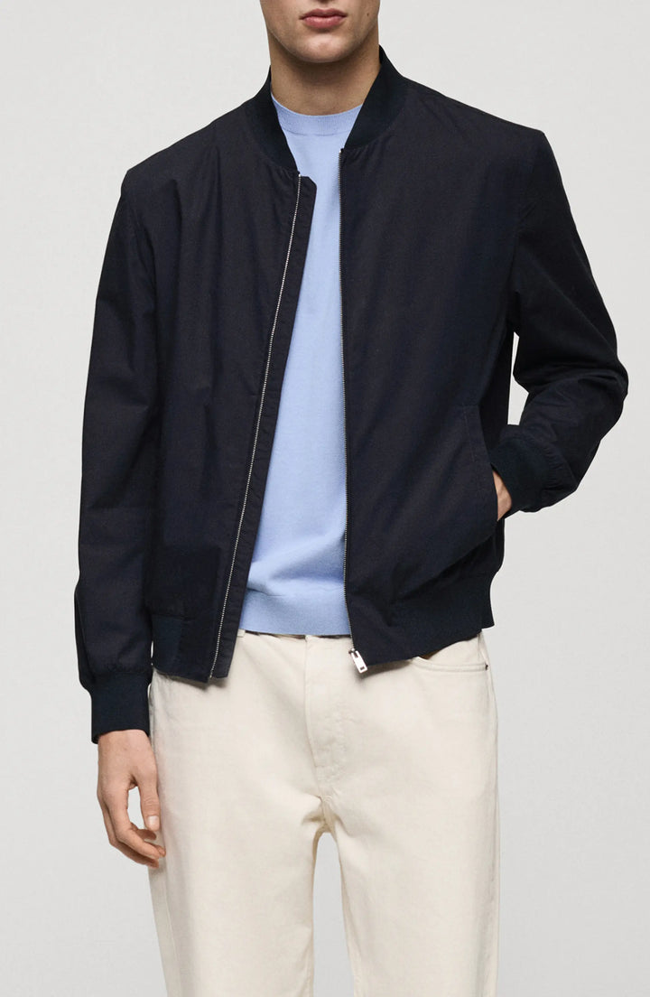 Elegant Dark Navy Cotton Bomber Jacket USA Market