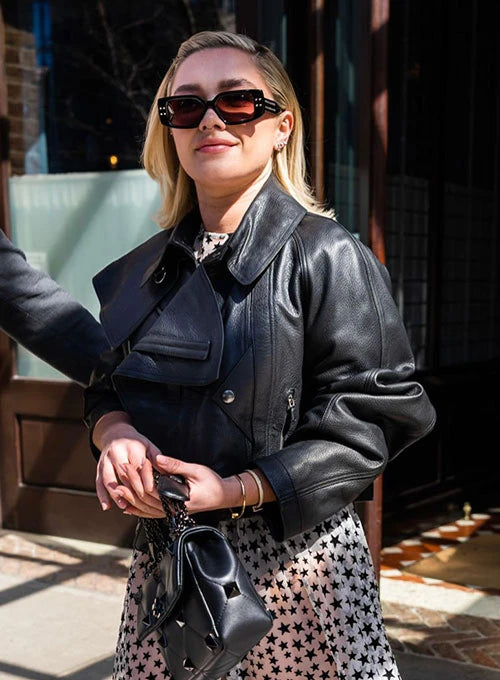 Florence Pugh Inspired Fashion Black Leather Jacket
