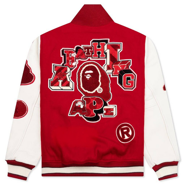 BAPE MULTI MOTIF VARSITY JACKET - RED